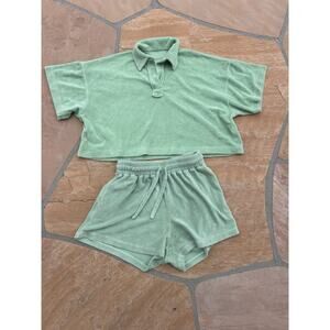 Daily Drills Terry Cloth Set Cropped Top And Shorts Green Women's Size M/L